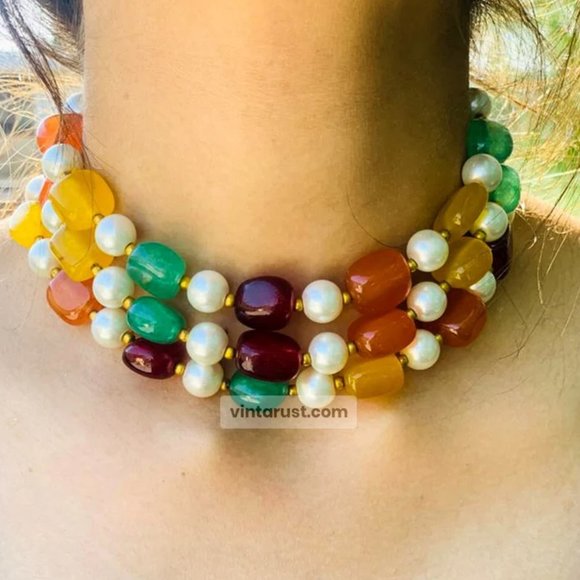 Handcrafted Colorful Stones and Pearls Choker Necklace Beaded Choker Necklace - Picture 2 of 10